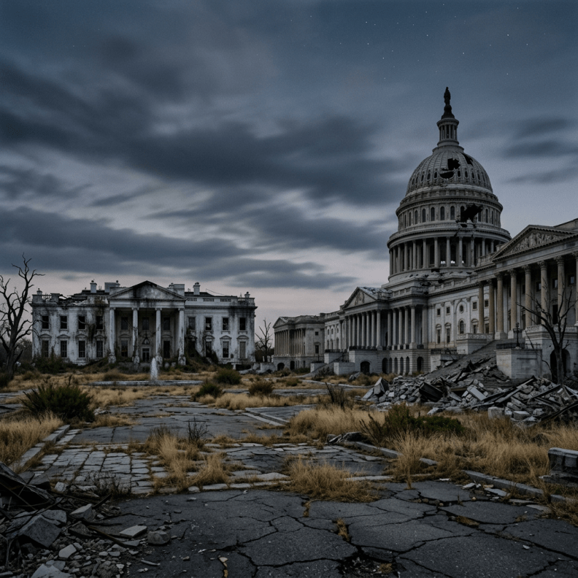 Ruins of the White House and U.S. Capitol with cracked pavement and overgrown weeds